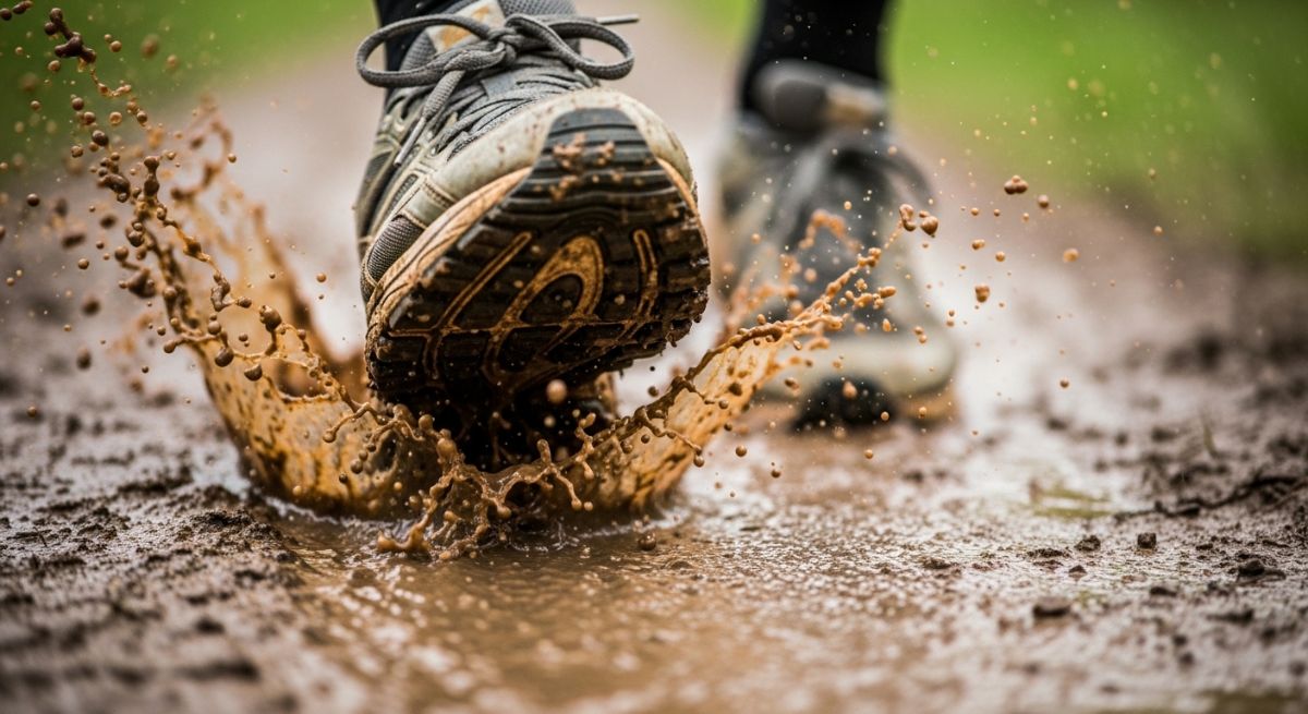 Worn-out running shoes on a muddy trail.