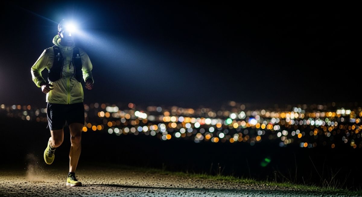 A runner at night illuminated by a headlamp.