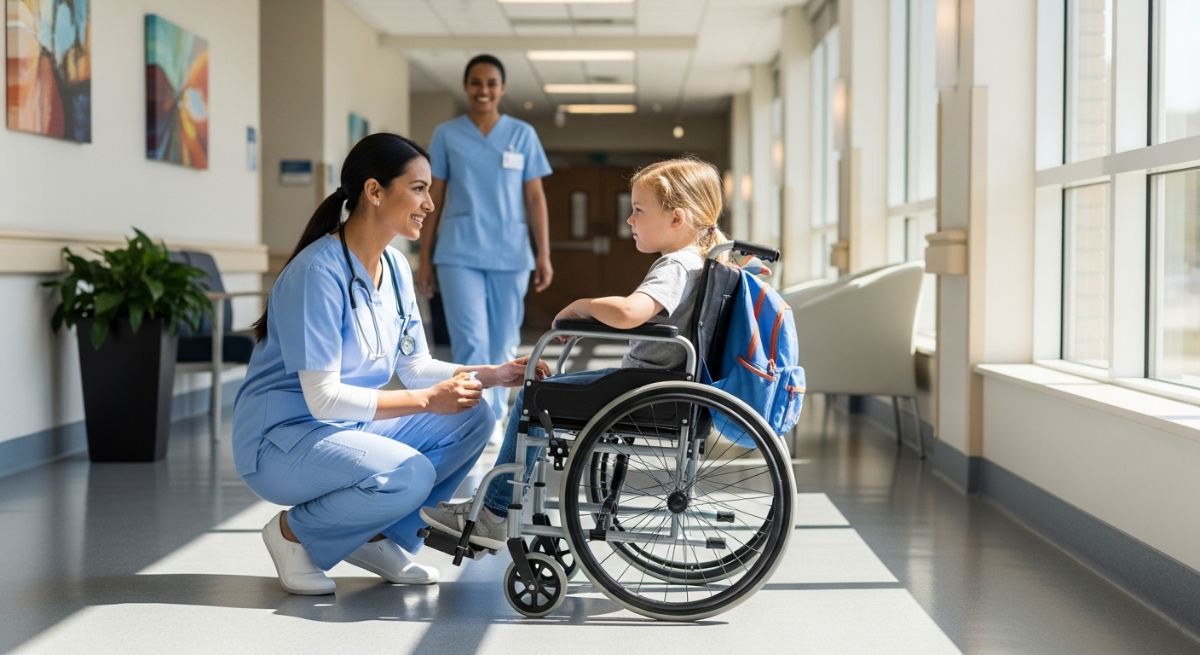 A doctor and a child smiling in a hospital.