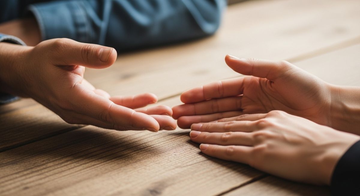 Two people showing accountability and vulnerability through a gentle gesture.