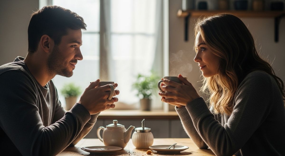 A couple having a gentle and supportive conversation over tea.
