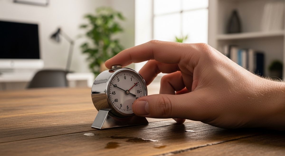 A close-up of a hand setting a timer to represent the five-minute rule.