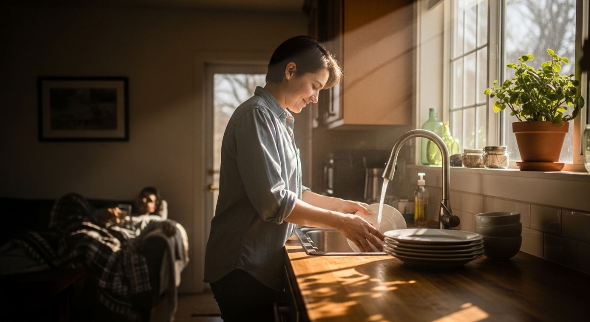 A person doing household chores to support their tired spouse.