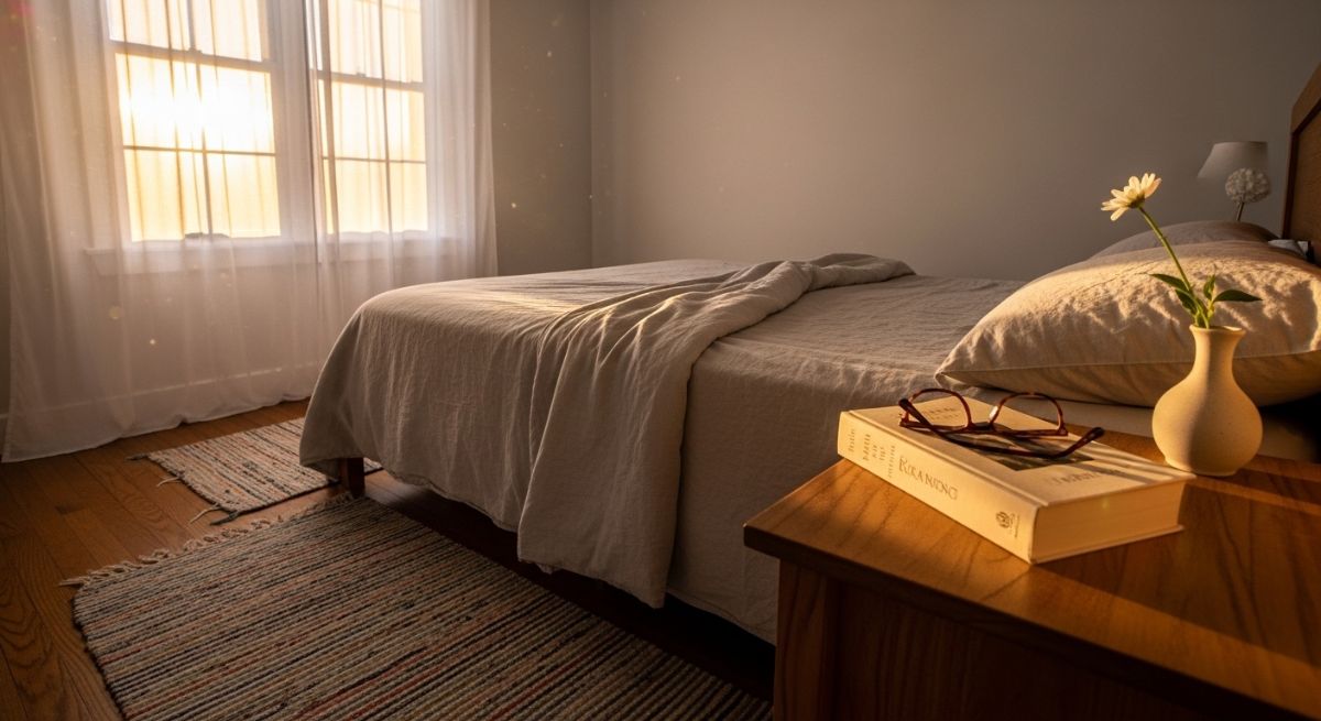 A peaceful bedroom setting symbolizing rest and recovery.