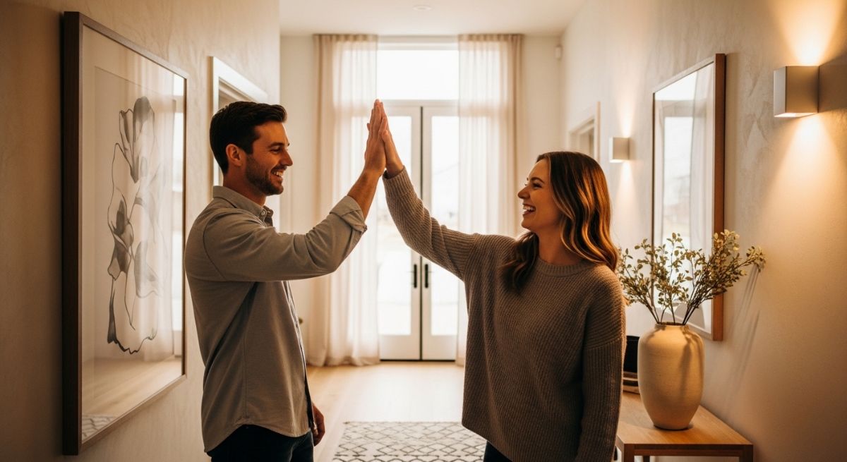 A couple celebrating a small victory together with a high-five.