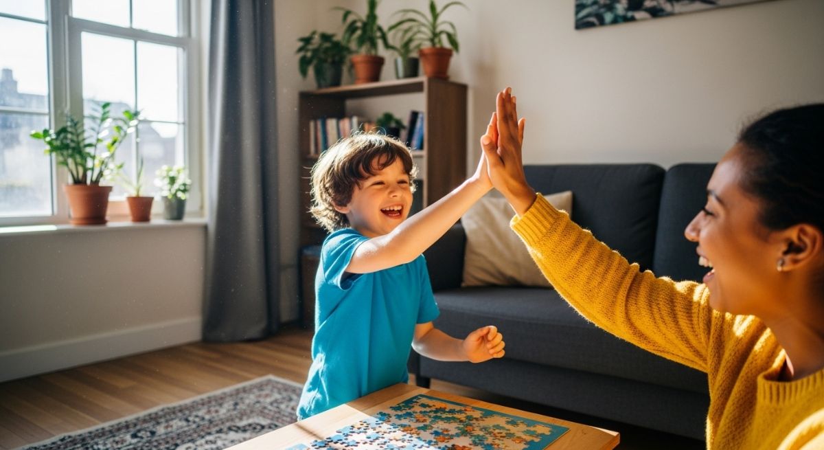 A parent and child celebrating a small accomplishment together.