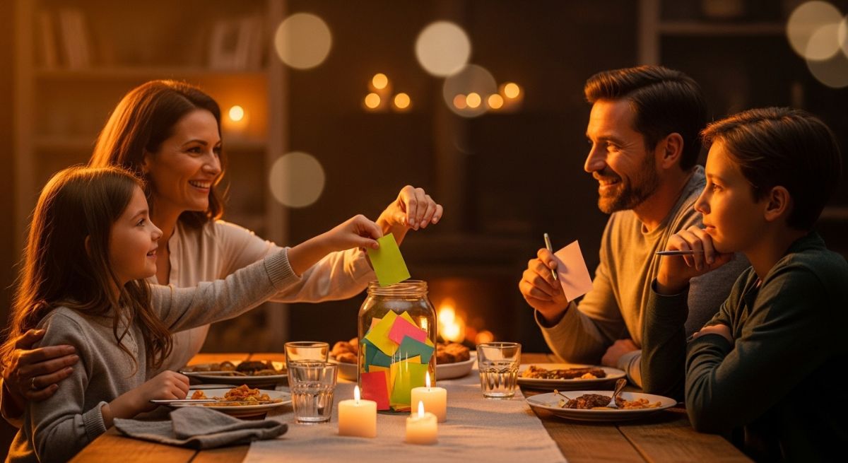 A family participating in a gratitude exercise at the dinner table.