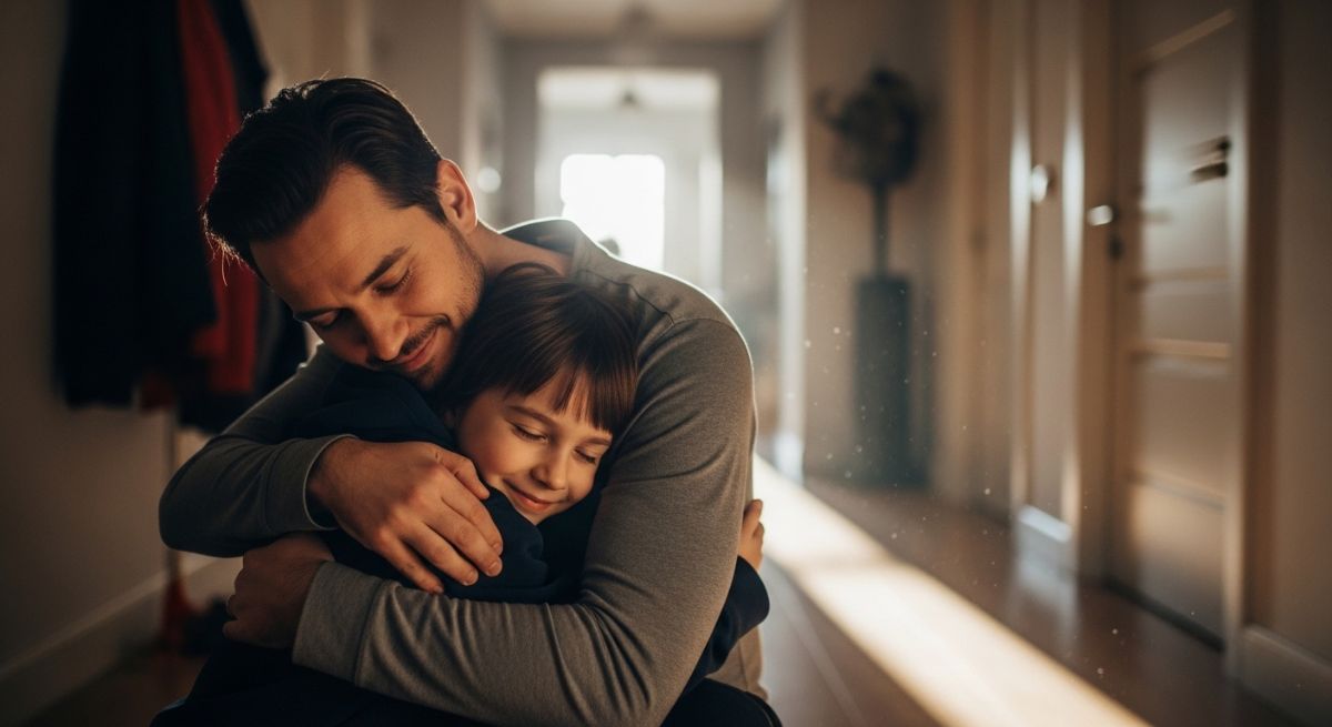 A parent comforting their child with a warm hug.