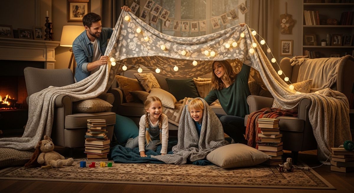 A family creating a fun indoor blanket fort together.