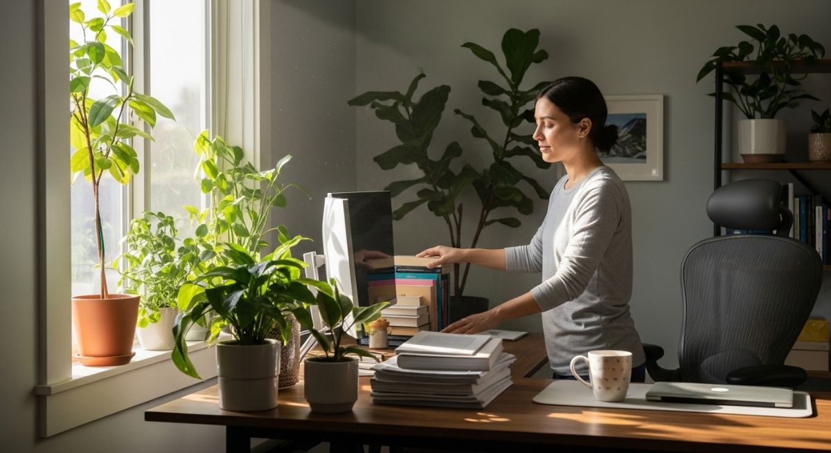 A person taking control of their environment by organizing their workspace.