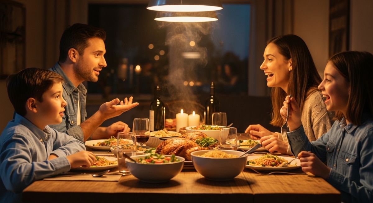 A family enjoying a meal together and talking at the dinner table.