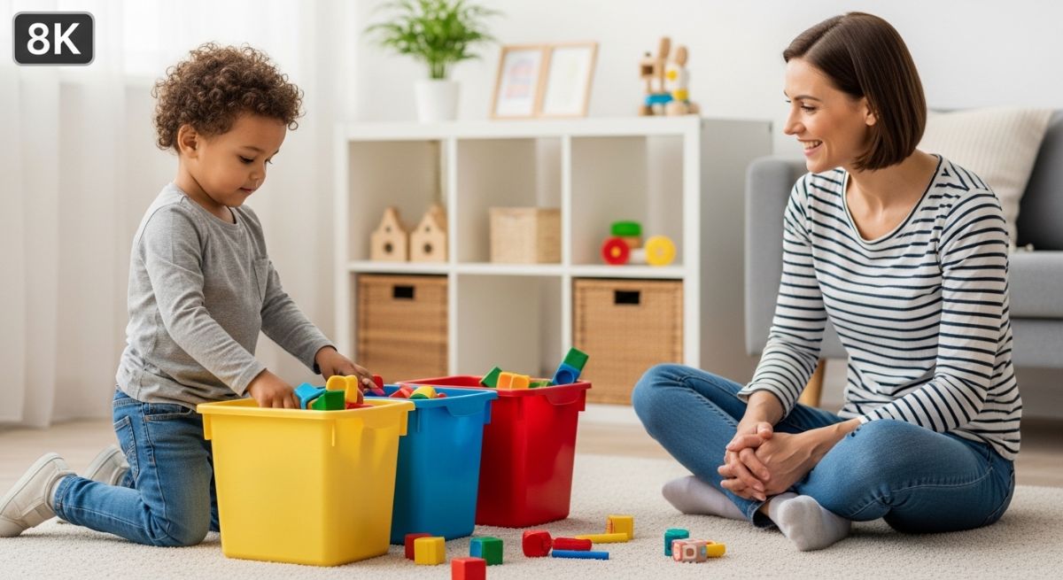 A child learning responsibility by tidying up their toys.