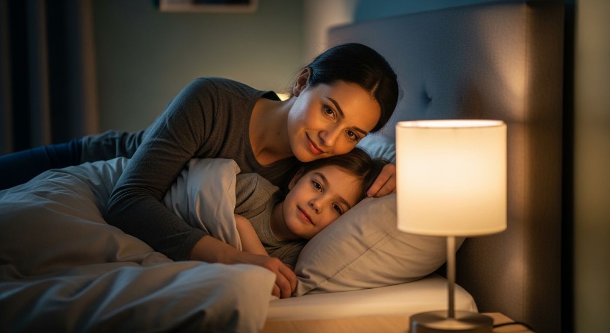 A parent and child having a quiet evening reflection at bedtime.
