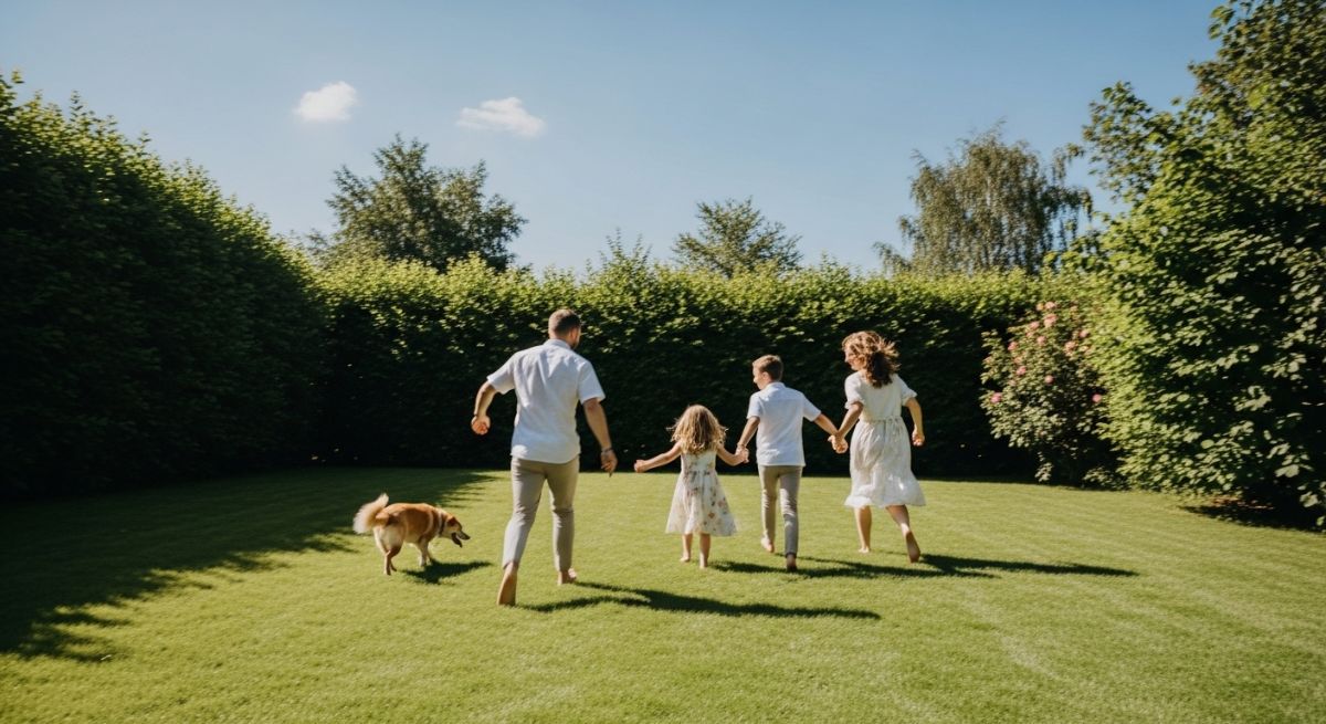 A family playing together outdoors in a sunny park.