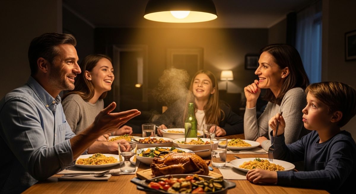 A family enjoying a meal together and talking at the dinner table.