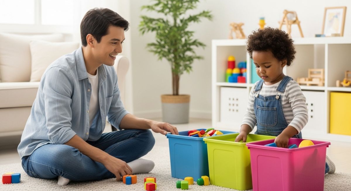 A child learning responsibility by tidying up their toys.