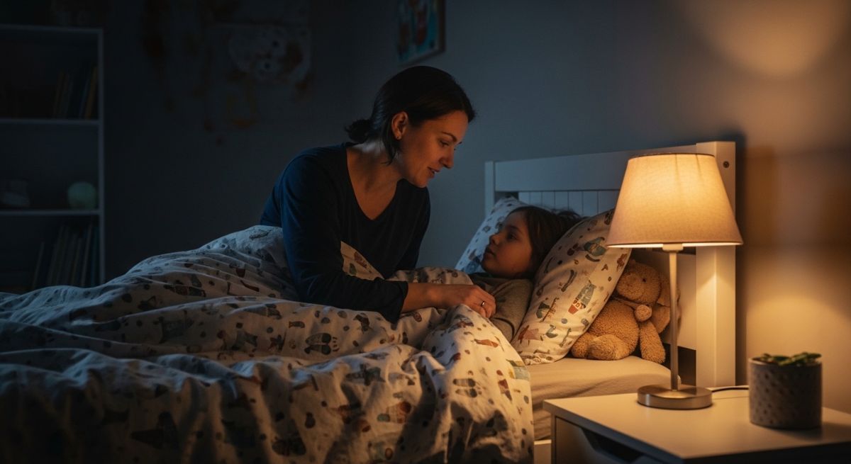 A parent and child having a quiet evening reflection at bedtime.