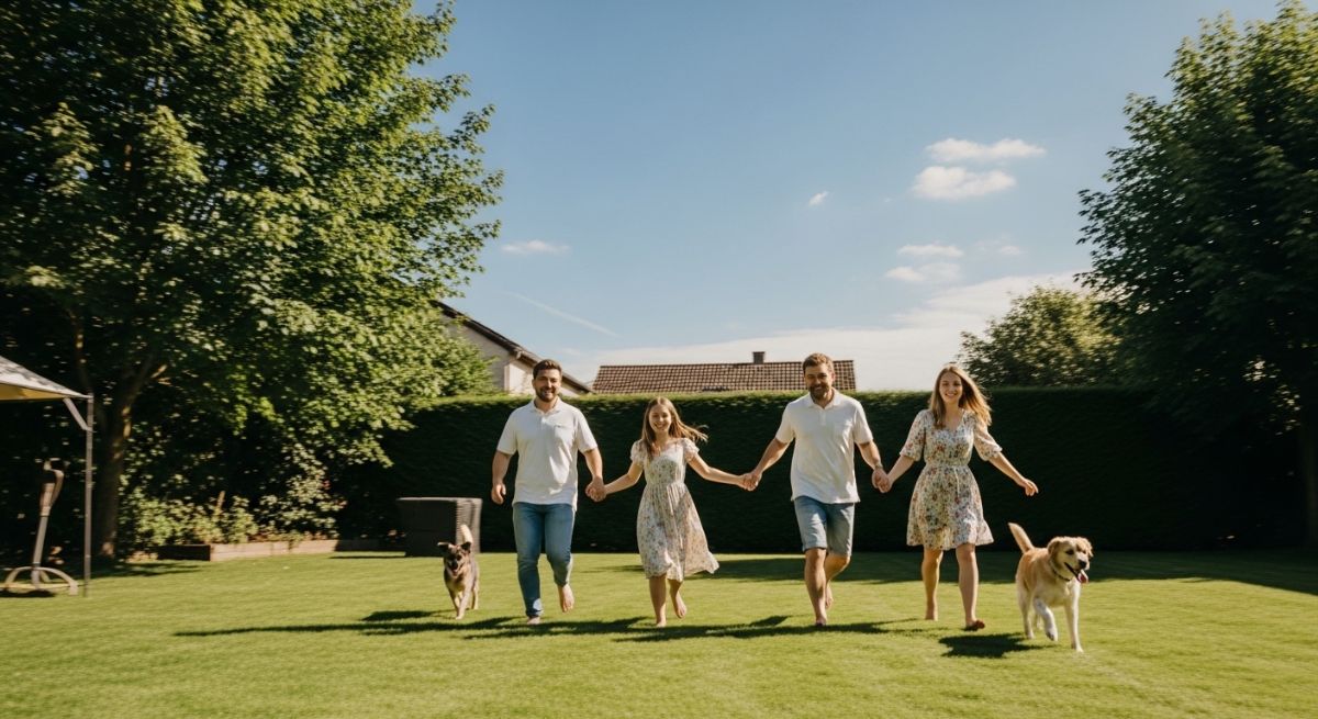 A family playing together outdoors in a sunny park.