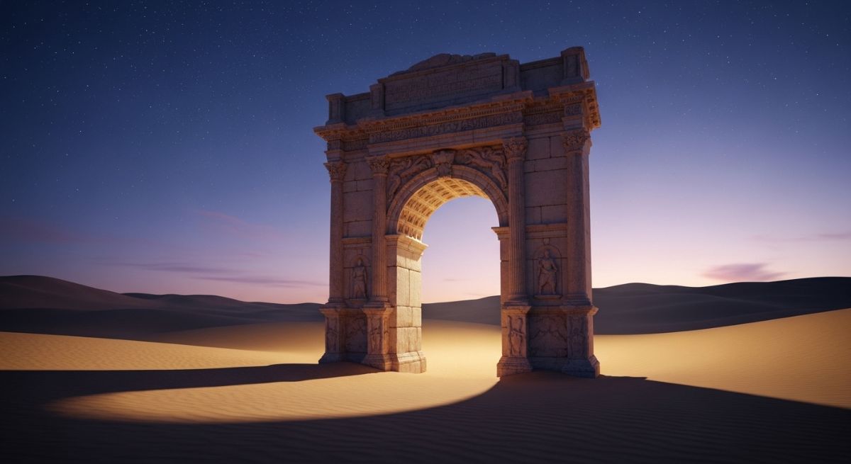 Ancient marble archway in the desert under a starry purple sky.