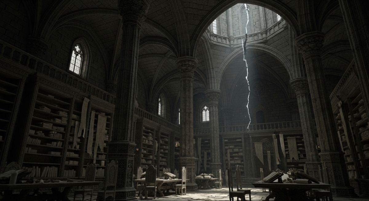 An ancient stone library interior with scrolls and moonlight.