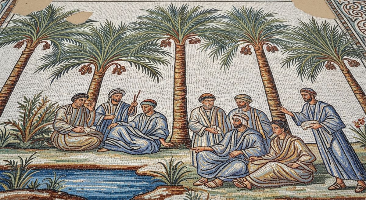 Intricate ancient floor mosaic partially covered by sand.