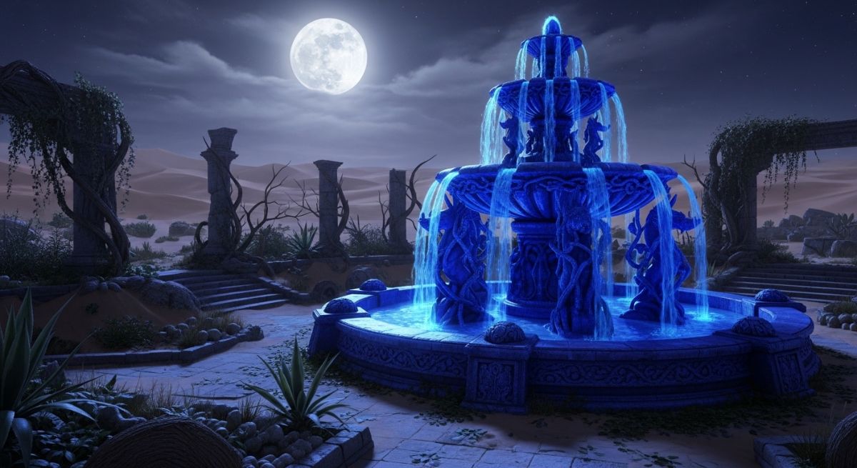 A blue sapphire fountain in an ancient desert garden at night.