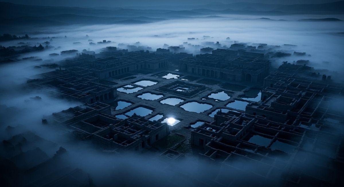 Overhead view of a peaceful ancient city buried in sand under the night sky.