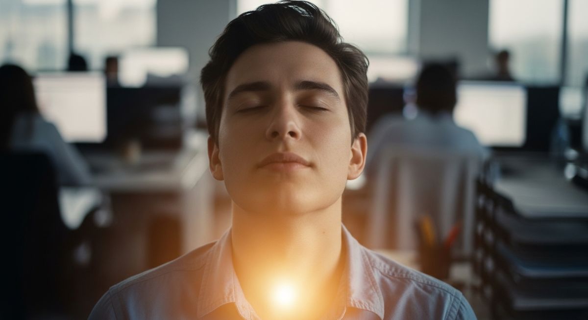 A parent practicing a mindful breathing technique to stay calm.