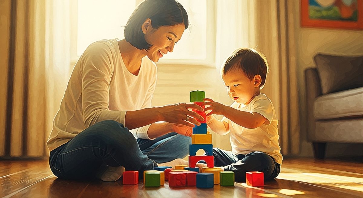 A parent and child playing together in a relaxed, warm environment.