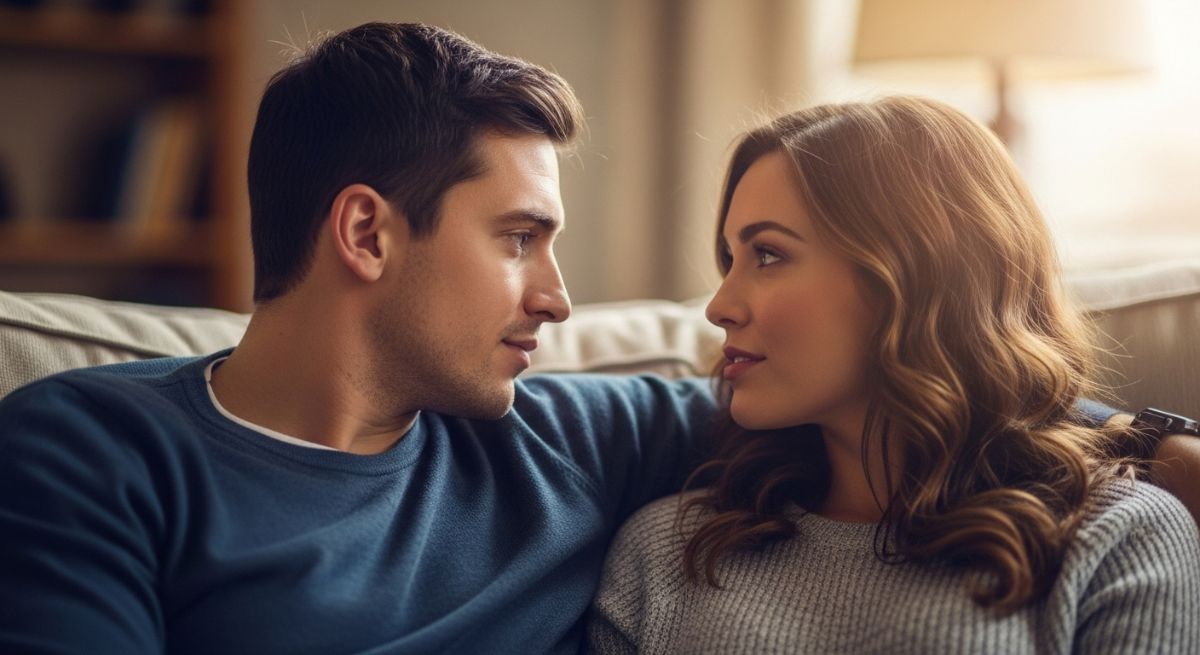 Couple talking deeply on a sofa