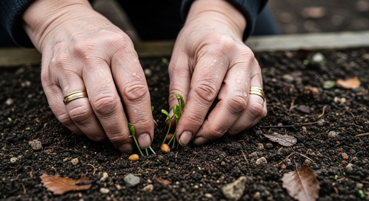 Close-up of hands planting seeds