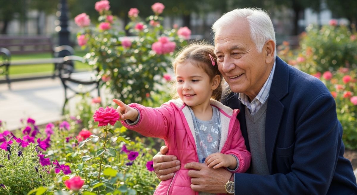 Elderly man talking to a child in a garden