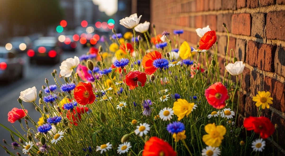 Wildflowers blooming in a city corner