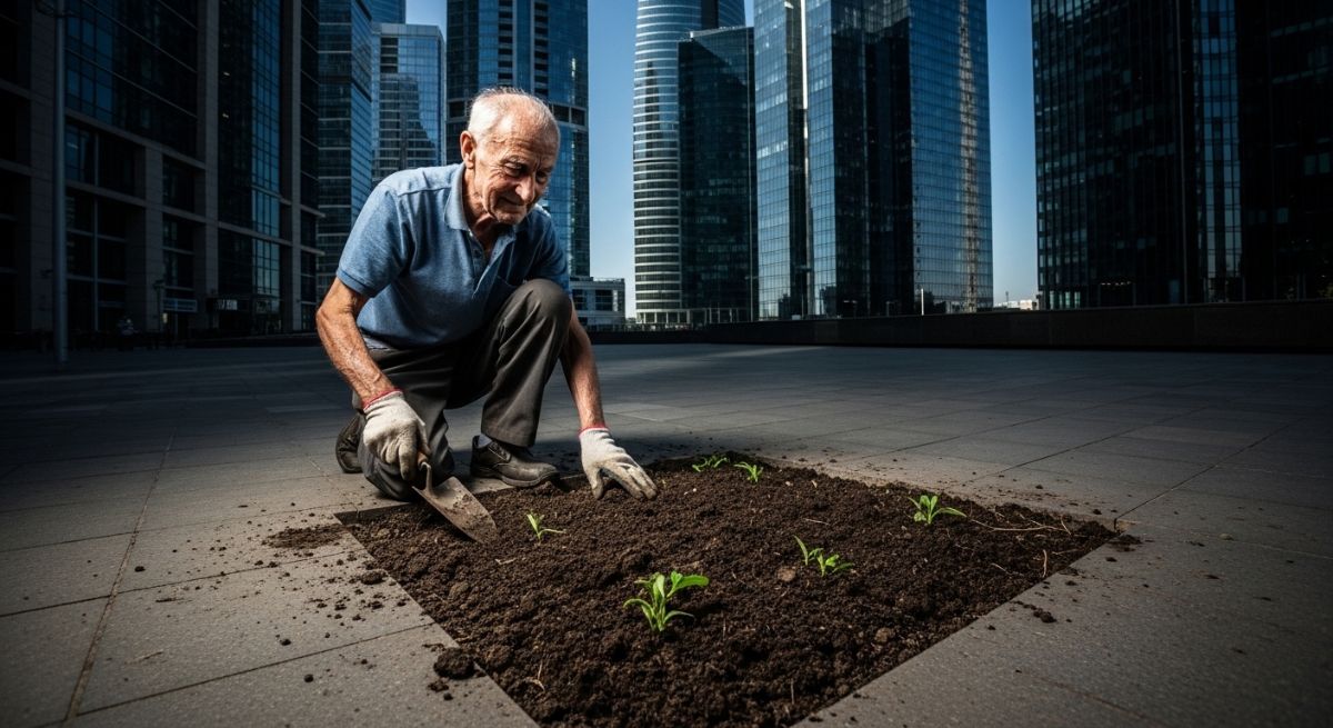 Elderly man gardening in an urban setting