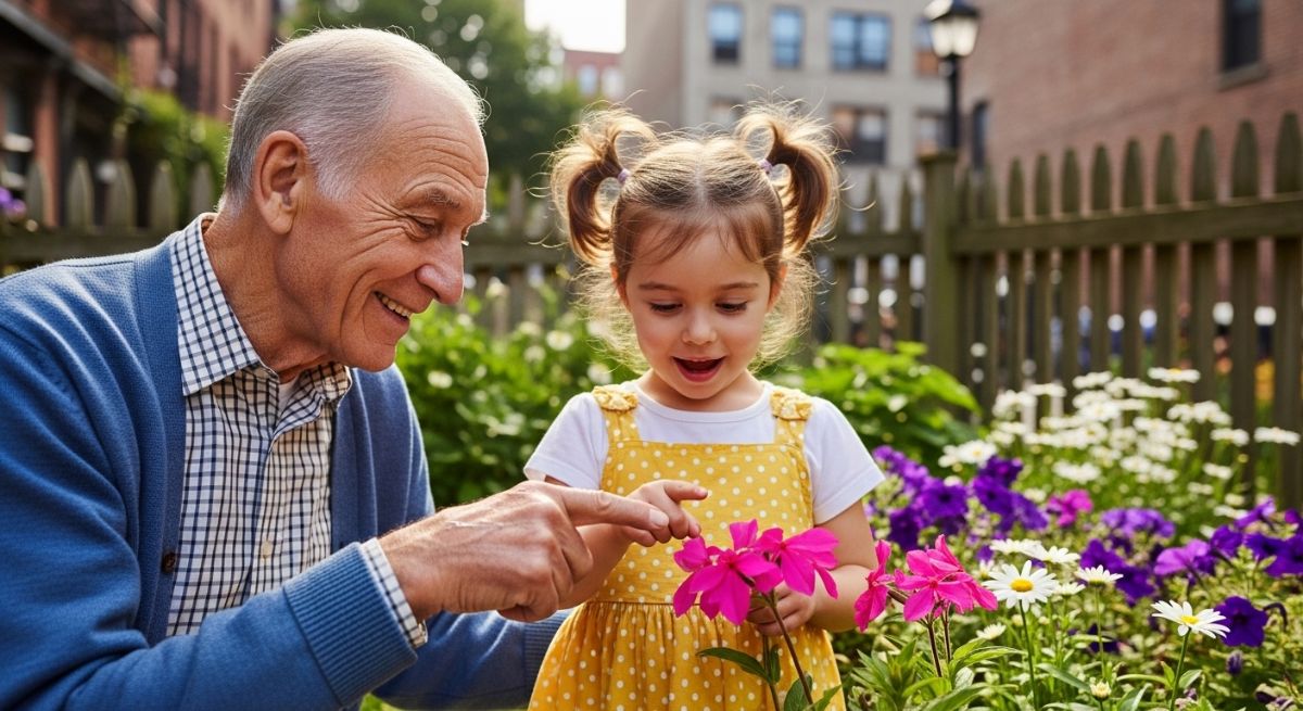 Elderly man talking to a child in a garden