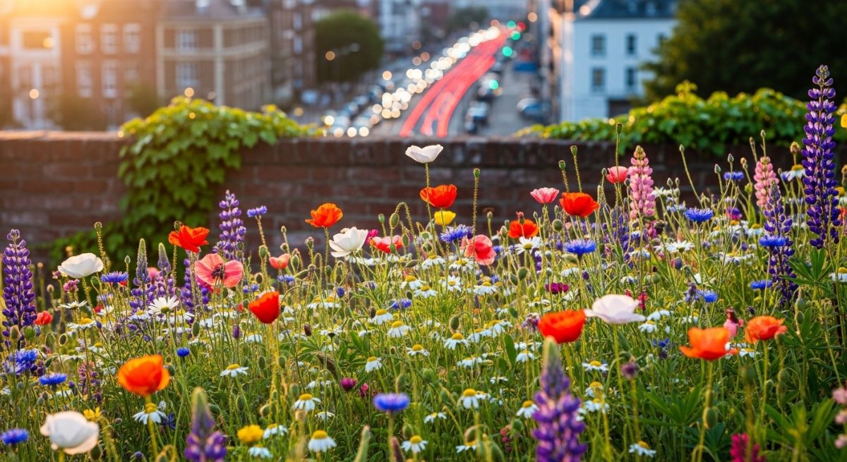 Wildflowers blooming in a city corner