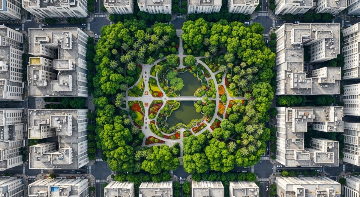 Green garden oasis in a gray city grid