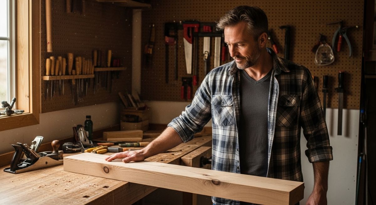 A man transitioning to woodworking in a garage