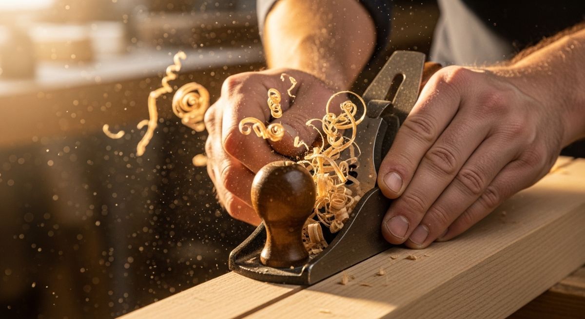 Hands using a woodworking tool on timber