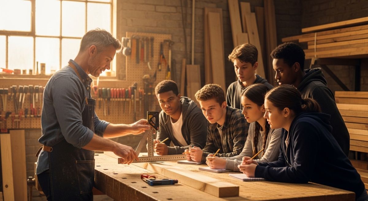 A man mentoring youth in a wood shop