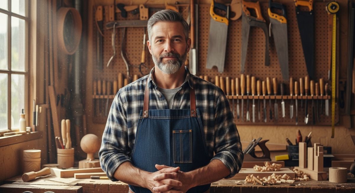 A confident man standing in his workshop