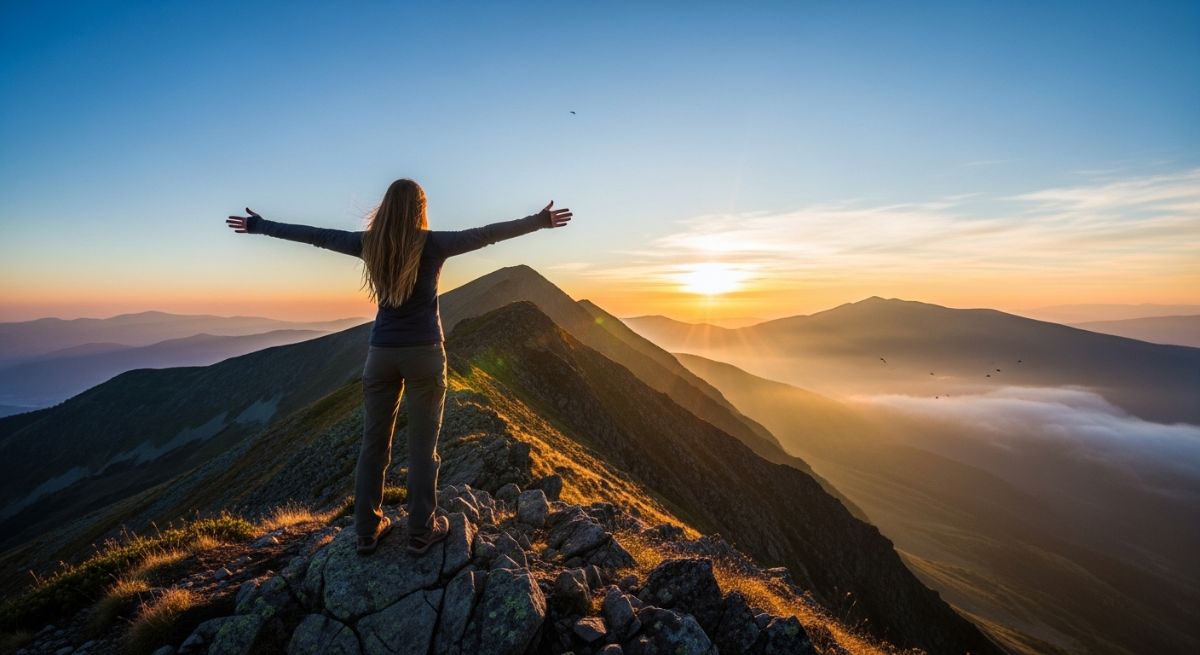 Woman embracing nature on a mountain top