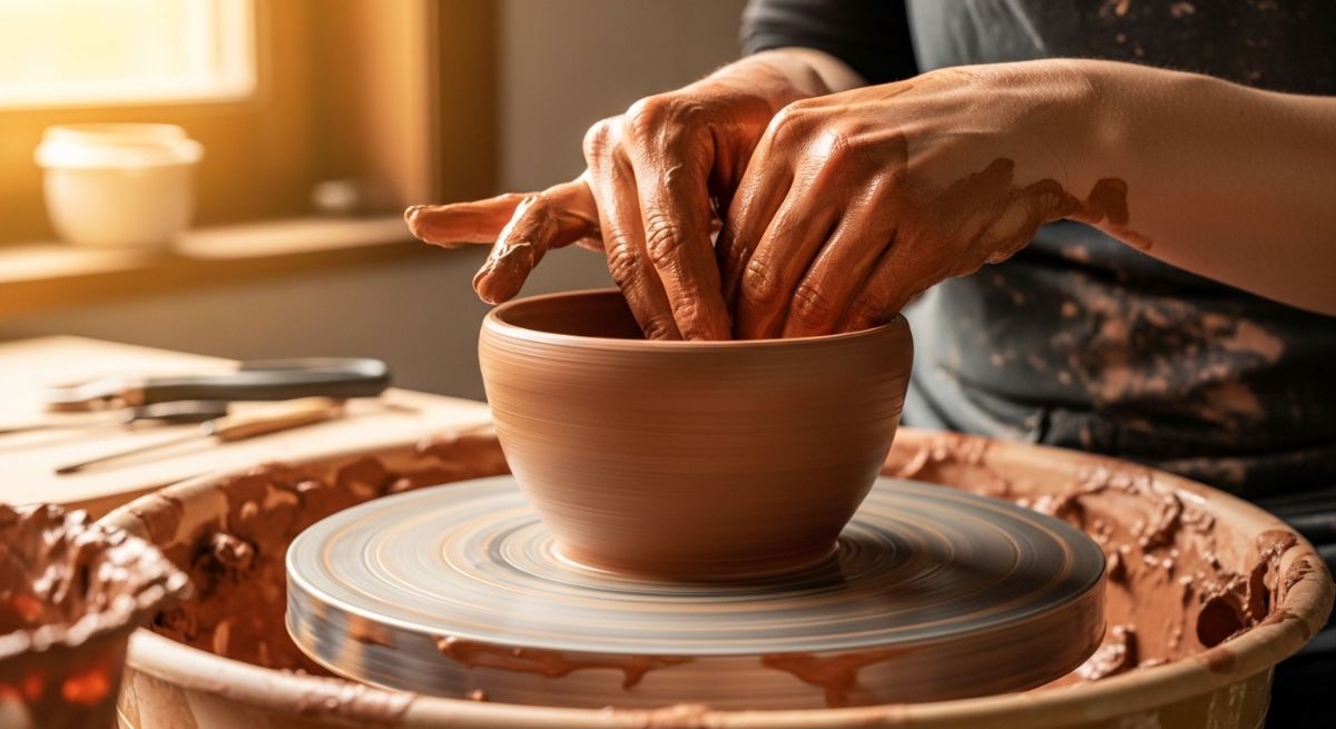 Hands shaping clay on a pottery wheel