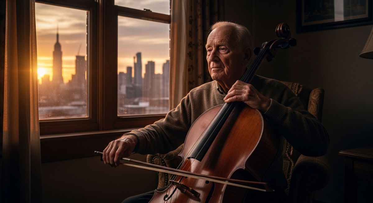 Person playing flute on a city balcony