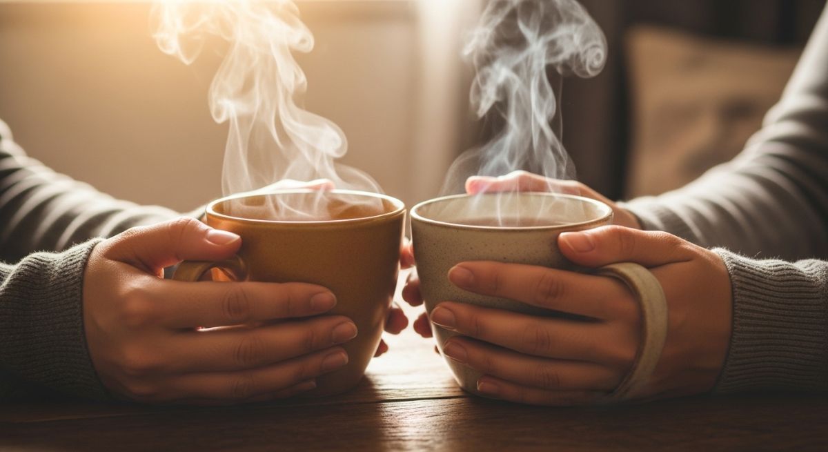 Hands holding tea mugs together