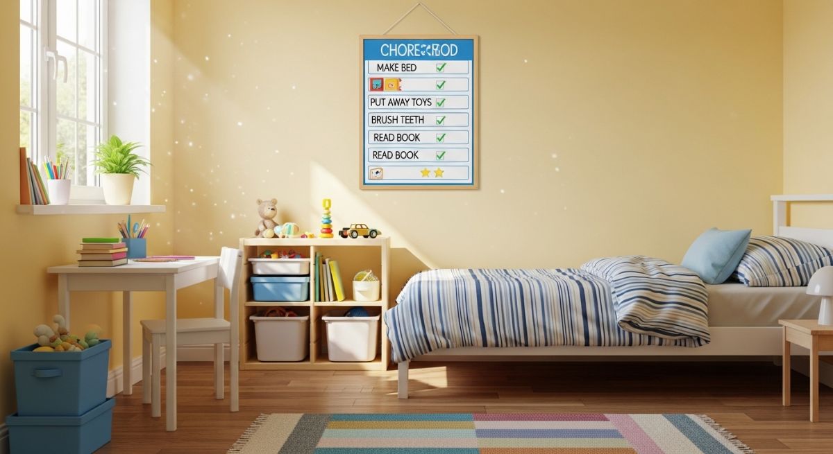 Chore chart in a tidy bedroom