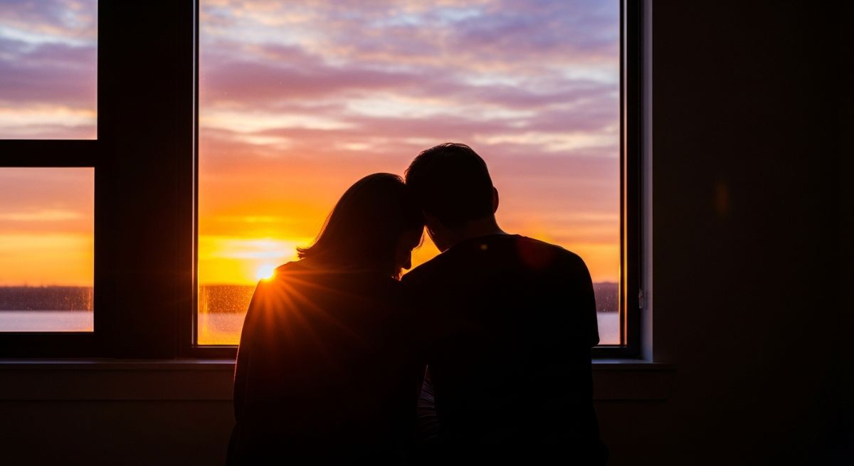 Couple walking toward a bright horizon